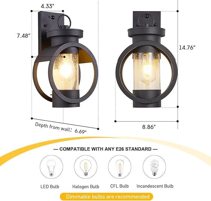 Motion Sensor Industrial Outdoor Sconce Modern Exterior Wall Mounted Light Fixture Waterproof Outdoor Wall Lantern, Matte Black Outside Lamp with Seeded Glass for House, Porch, Garage