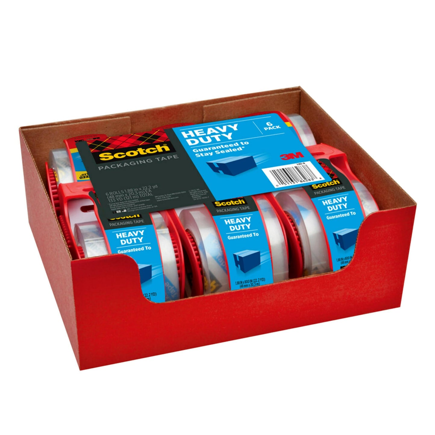 Scotch Heavy Duty Shipping Packaging Tape, 6 Rolls with Dispenser, 1.88" x 22.2 yd, 1.5" Core, Great for Packing, Shipping & Moving, Clear (142-6)