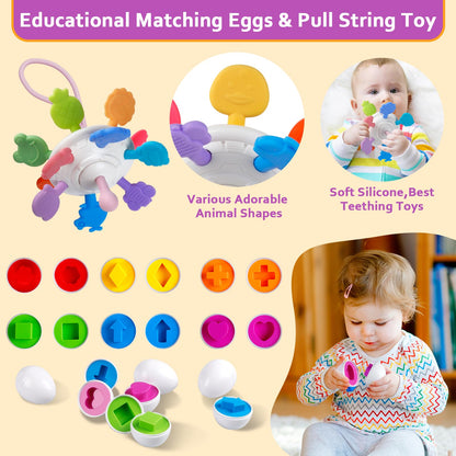 Weilim Baby Toys for 6 to 12 Months, Montessori Sensory Bins & Teething Toys, 6 in 1 Stacking Blocks, Rings, Eggs, Spinner, Crab Shape, 27 Pieces, Ages 6-36 Months