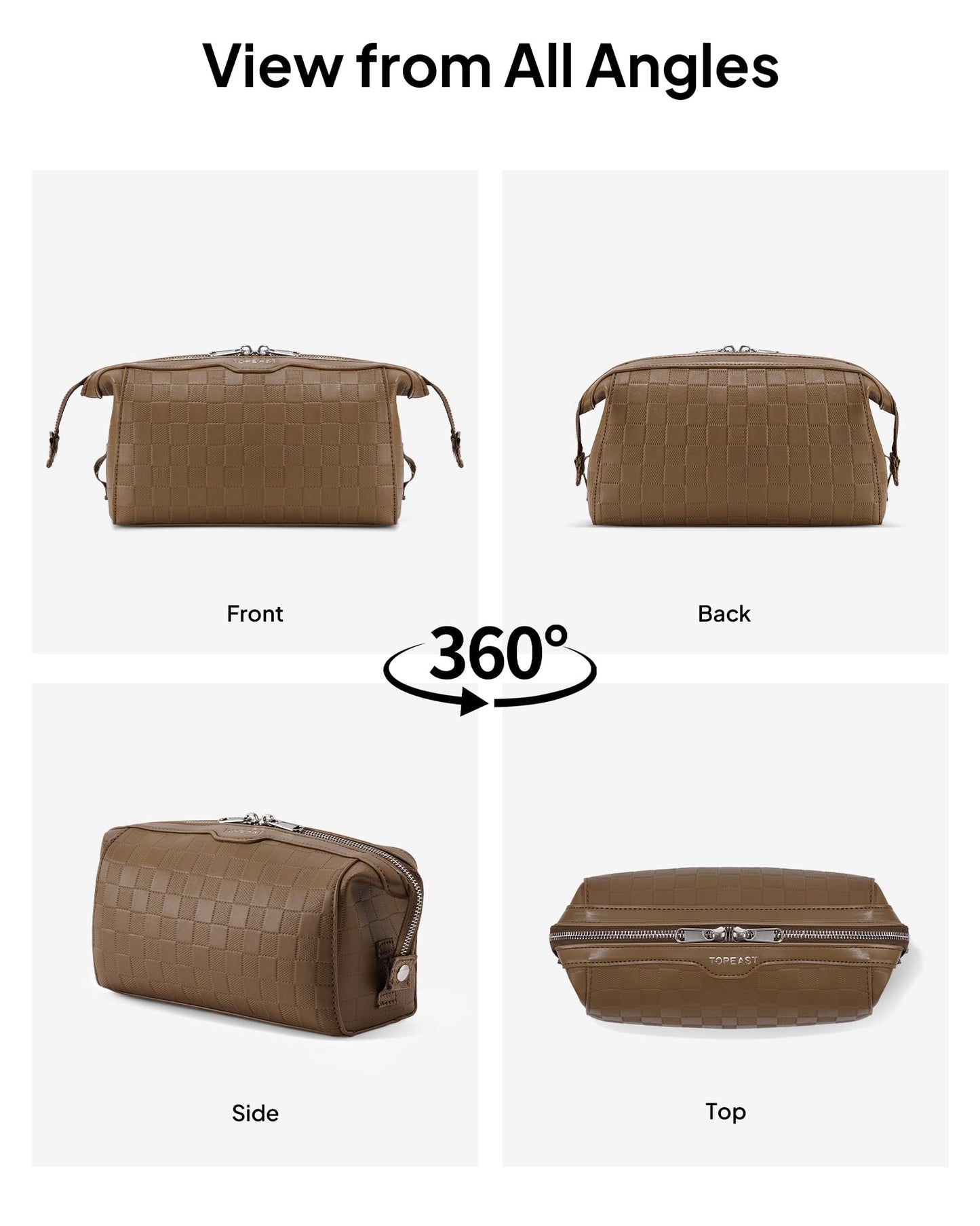 TOPEAST Travel Makeup Bag Cosmetic Bags for Women, 3 Pcs Set Make Up Toiletry Bag with Removable Zip Purse, Waterproof Leather Makeup Brush Organizer for Travel Essentials, Brown