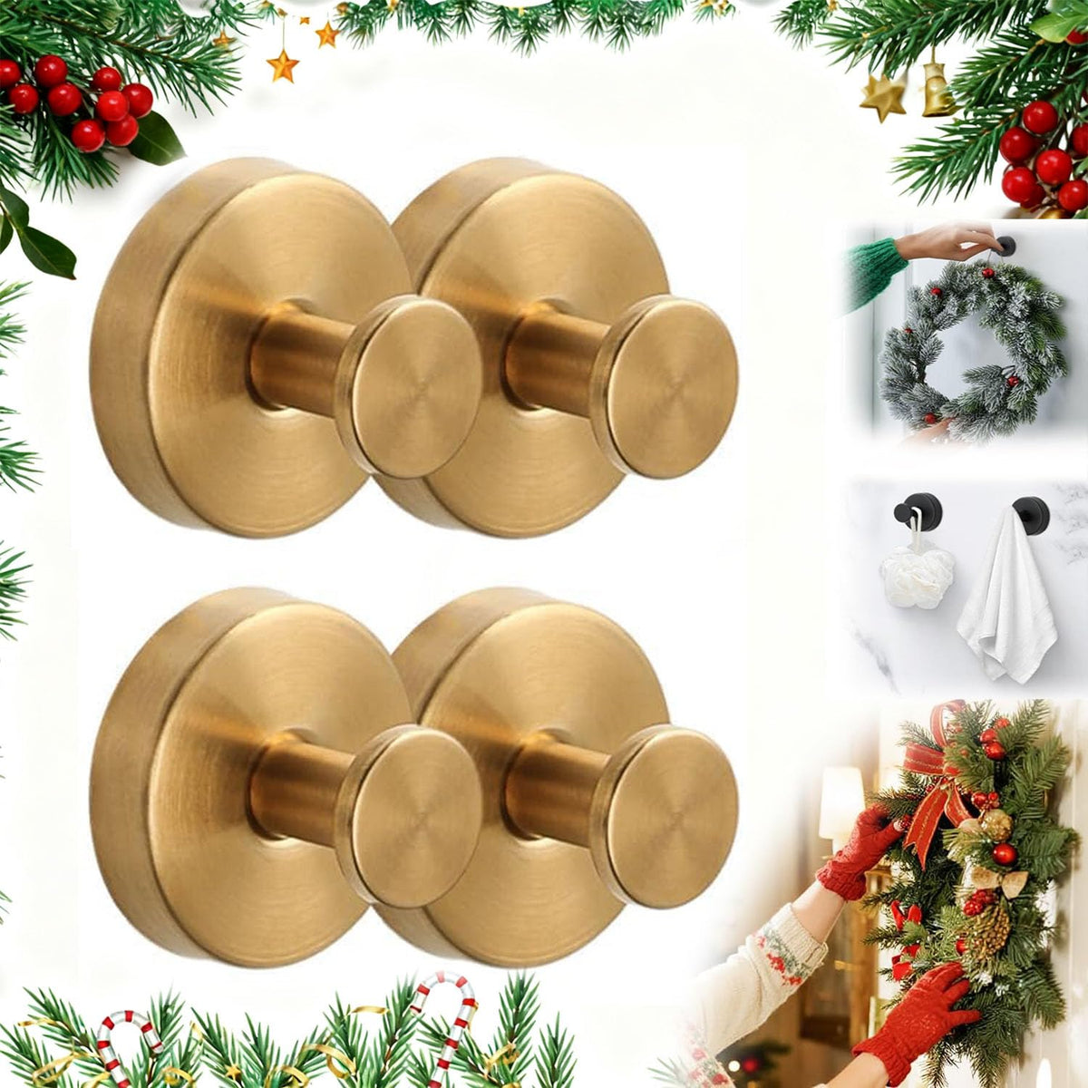 Suction Cup Hooks for Wreaths on Glass, No-Drill Suction Cup Hooks, Wreath Hangers for Front Doors, Reusable Metal Towel Hooks for Showers Bathrooms Mirrors (Gold*4)