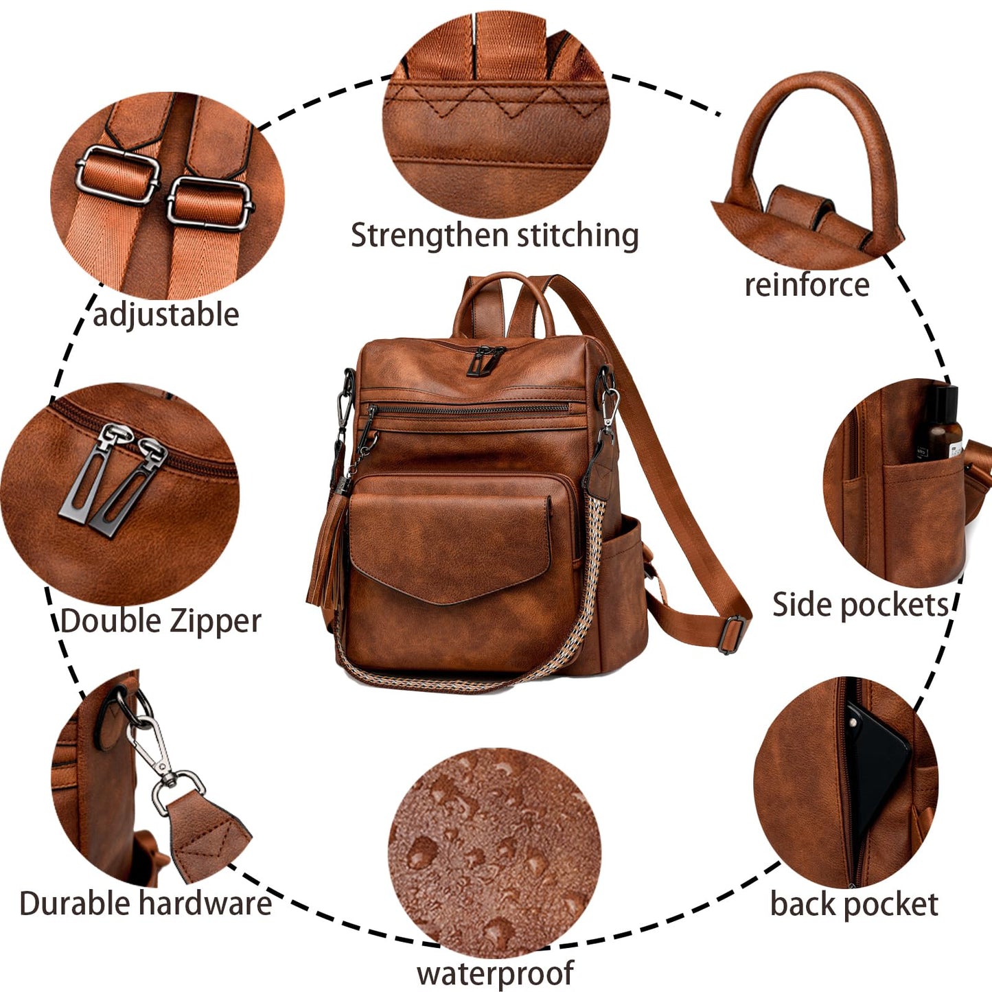 HGWSSY Womens Fashion Backpack Purse for Women Leather Multipurpose PU Ladies Shoulder Bag Travel bag Satchel Handbags (brown)