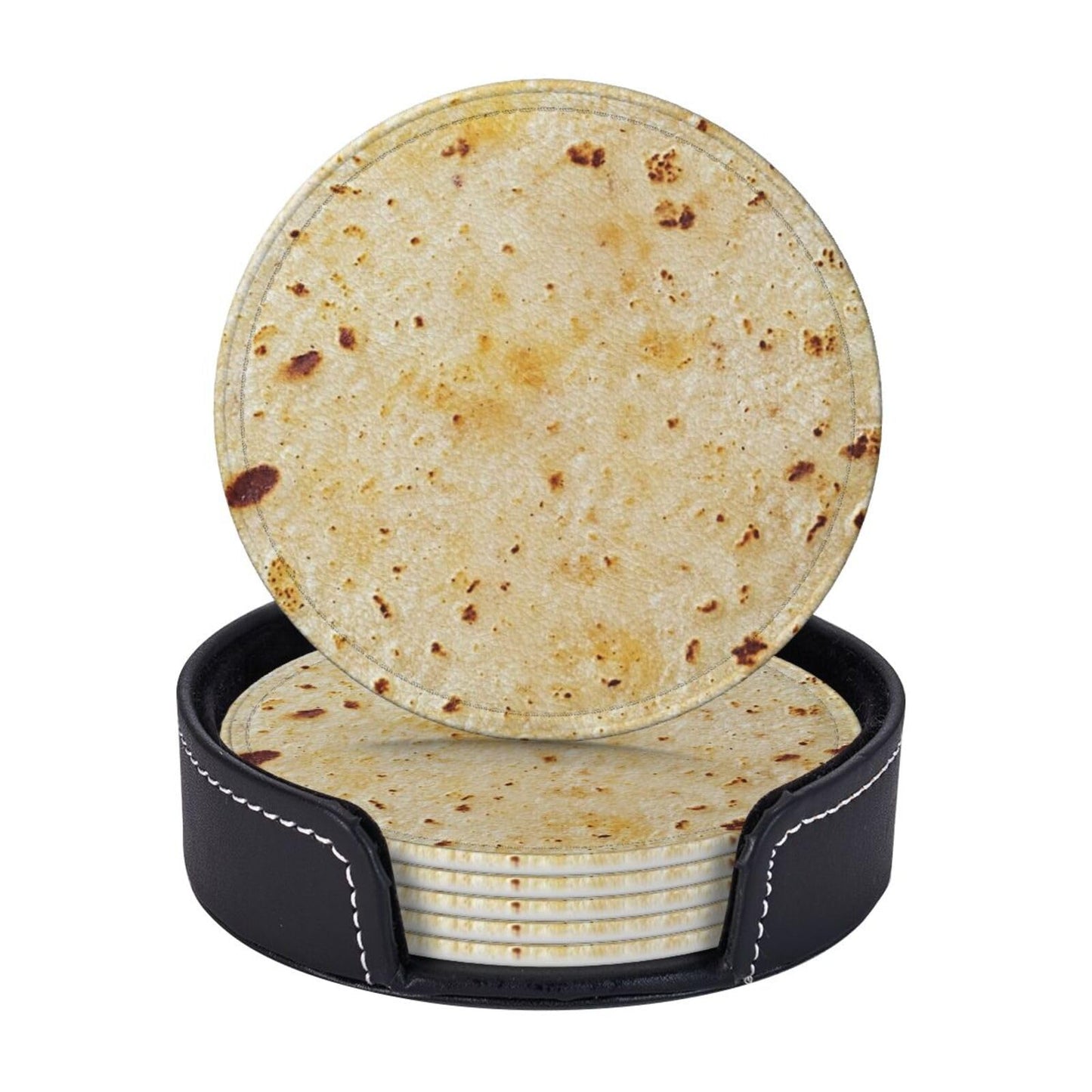 Tortilla Coasters for Drinks Set of 6, Round Leather Coaster with Holder, Drink Coaster Sets for Home Bar Decor House Warming Gift