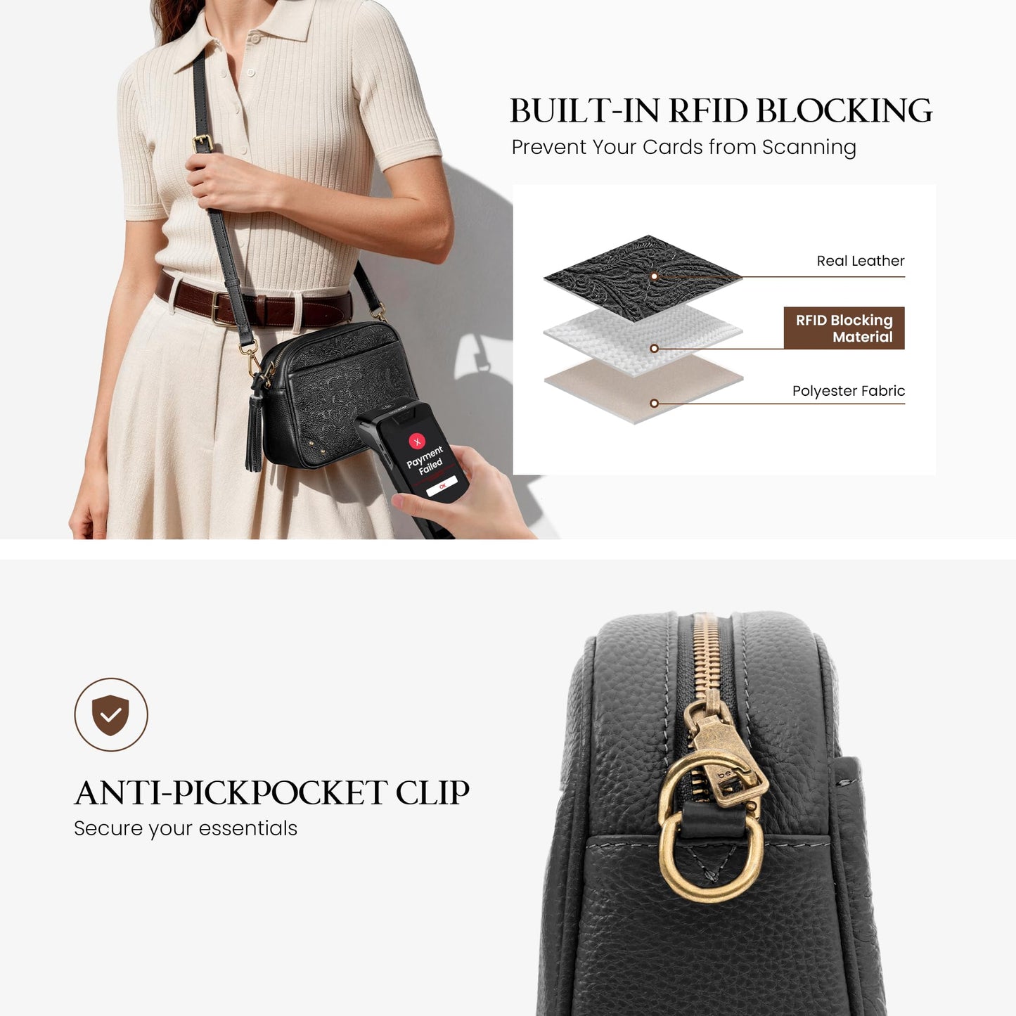 befen Black Crossbody Purses for Women Embossed Genuine Leather Small Handbag with RFID Blocking Anti-Theft Cross Body Bags for Daily Travel