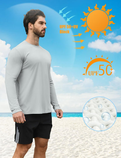 HOPLYNN 2 Pack Men's UPF 50+ Rash Guard and Quick-Dry Long Sleeves Shirts, Swim Surf Fishing Gear UV Sun Protection Shirts for Men Blue Grey Large