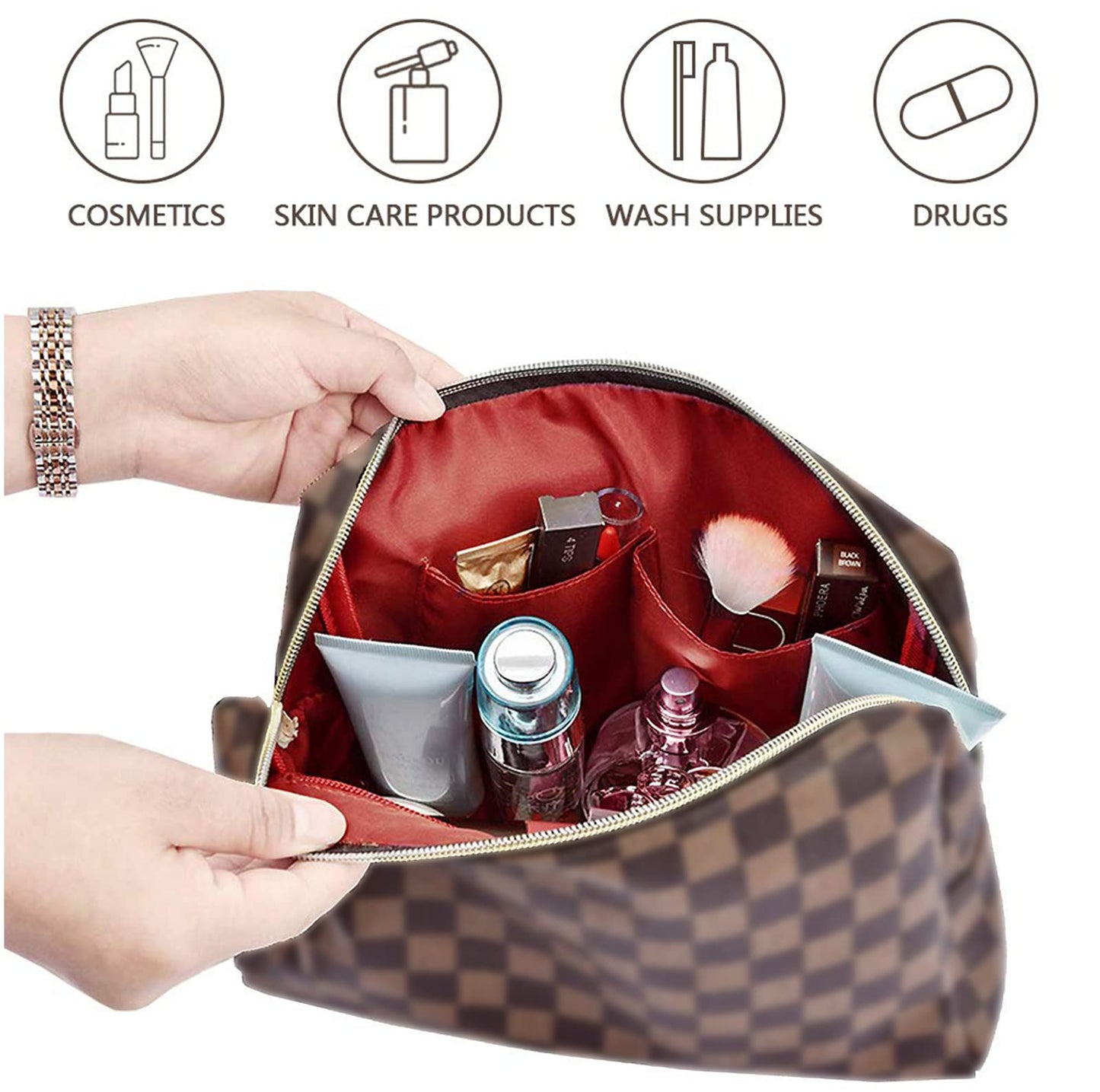 BAGCRAZY Checkered Makeup Bag Set, Elegant Travel Cosmetic Bag 2 Pack, Waterproof PU Leather Makeup Organizer with Zipper for Women