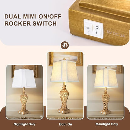 Vintage Table Lamps Set of 2, 28.5'' Tall Antique Gold Bedside Lamps with Fabric Shades, USB A+C Charging Ports & Night Light, Farmhouse Nightstand Lamps for Bedroom Living Room Office (Bulb Included)
