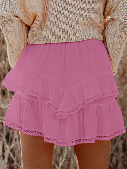 Aoudery Flowy Shorts for Women Casual Boho Ruffle Tiered Skorts High Waist Mini Skirts Golf Tennis Butterfly Crochet Shorts - Mauve Pink M