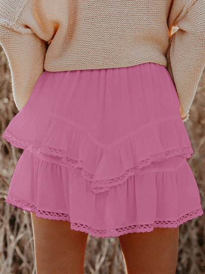 Aoudery Flowy Shorts for Women Casual Boho Ruffle Tiered Skorts High Waist Mini Skirts Golf Tennis Butterfly Crochet Shorts - Mauve Pink S