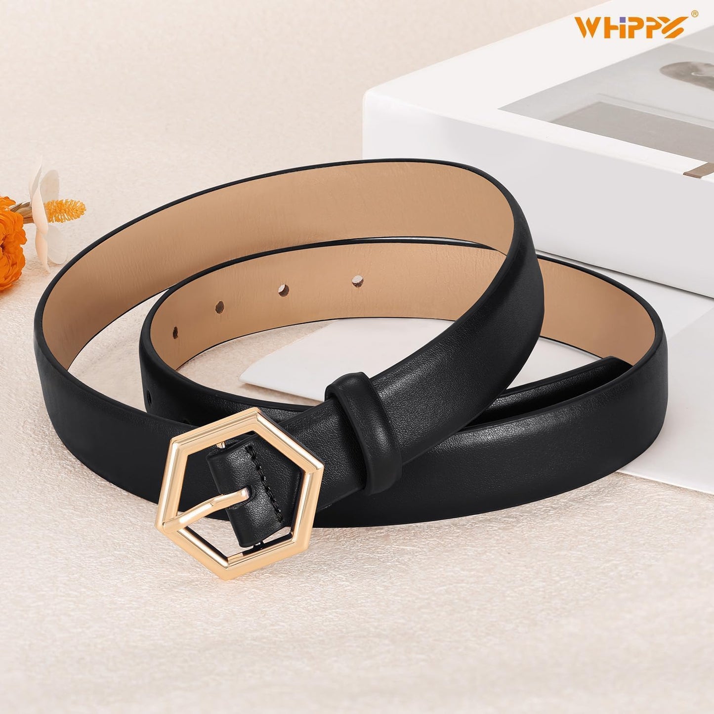 WHIPPY Skinny Leather Belt for Women Casual Waist Belt for Jeans Pants Fashion Ladies Thin Belt with Gold Buckle, Black, M