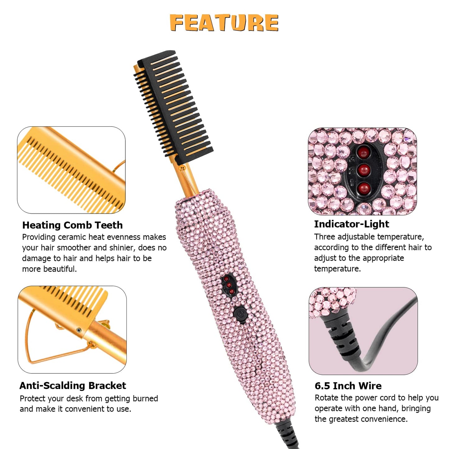 Electric Hot Comb Hair Straightener, Deluxe Electrical Straightening Comb Curling Iron for Natural Black Wigs, Hot Comb Electric for Wigs Pressing Combs with Wig Glue Melting Spray Hair Wax Stick