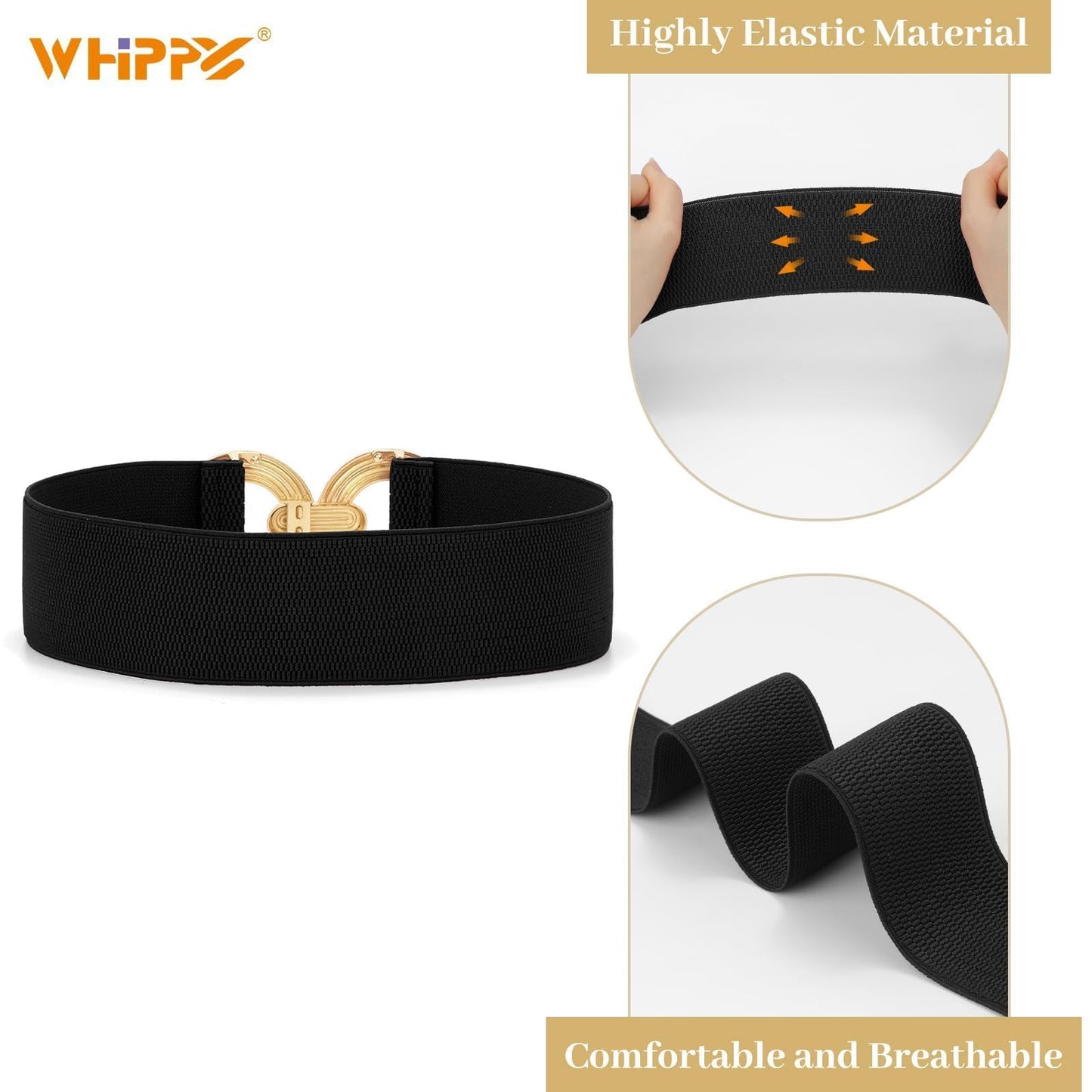 WHIPPY Women Wide Elastic Waist Belt Fashion Hollow Out Round Gold Buckle Stretchy Belt Waistband for Ladies, Black, XL