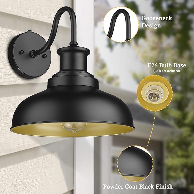 Dusk to Dawn Outdoor Gooseneck Barn Lights Outdoor Wall Sconces Farmhouse Exterior Wall Mount Light Vintage Outside Lighting Fixture Industrial Black Lanterns for Porch Garage Shed Patio, 2 Pack