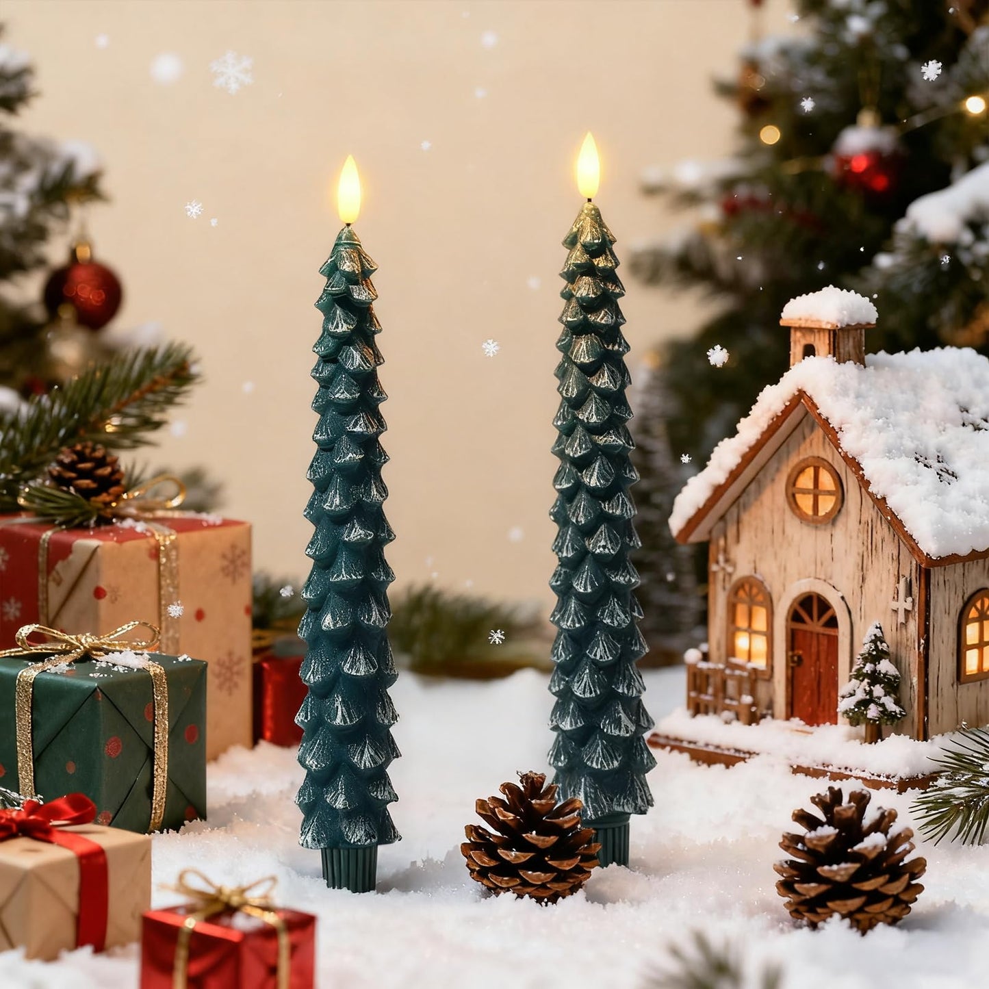 Christmas Decorations Indoor, Christmas Decor-Christmas Tree Taper Flameless Candles Battery Operated with Remote Timer, Xmas Candlestick Home Table Mantel Room Decor, 4 Pack(Green&White) Large, 11.4"