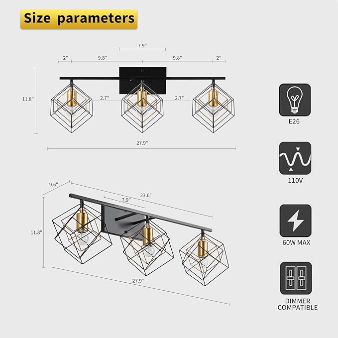 3 Light Vanity Light for Bathroom,Bathroom Light Fixtures Over Mirror with Rotatable 3 Cube Shades, Modern Wall Mounted Lights Matte Black,Industrial Black Vanity Light for Hallway Living Room