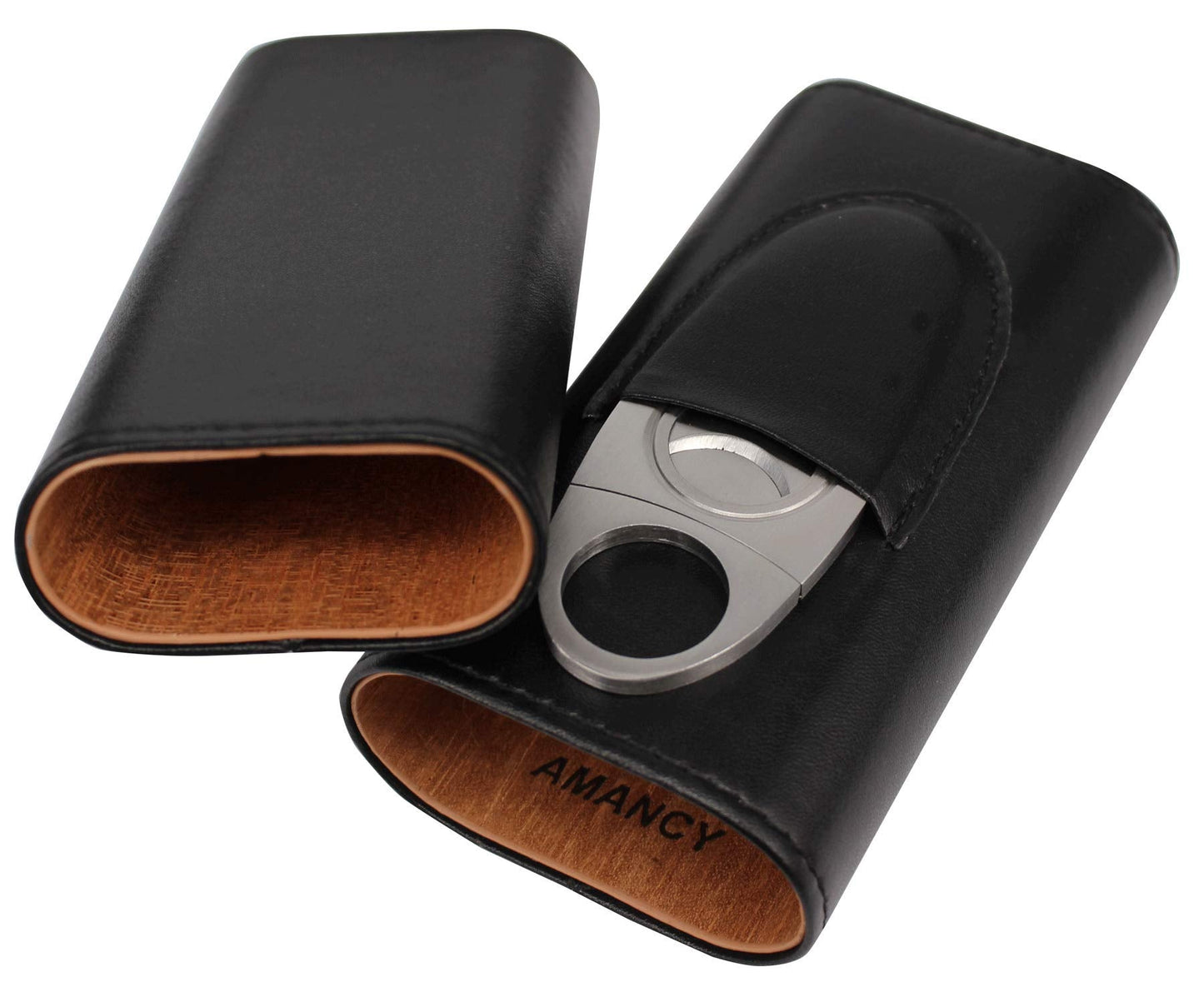AMANCY Classic Black Leather 3 Fingers Cigar Case with Cedar Wood Lining, Jacket Pocket Suitable Travel Cigar Humidor Holder Silver Stainless Steel Cutter Contained