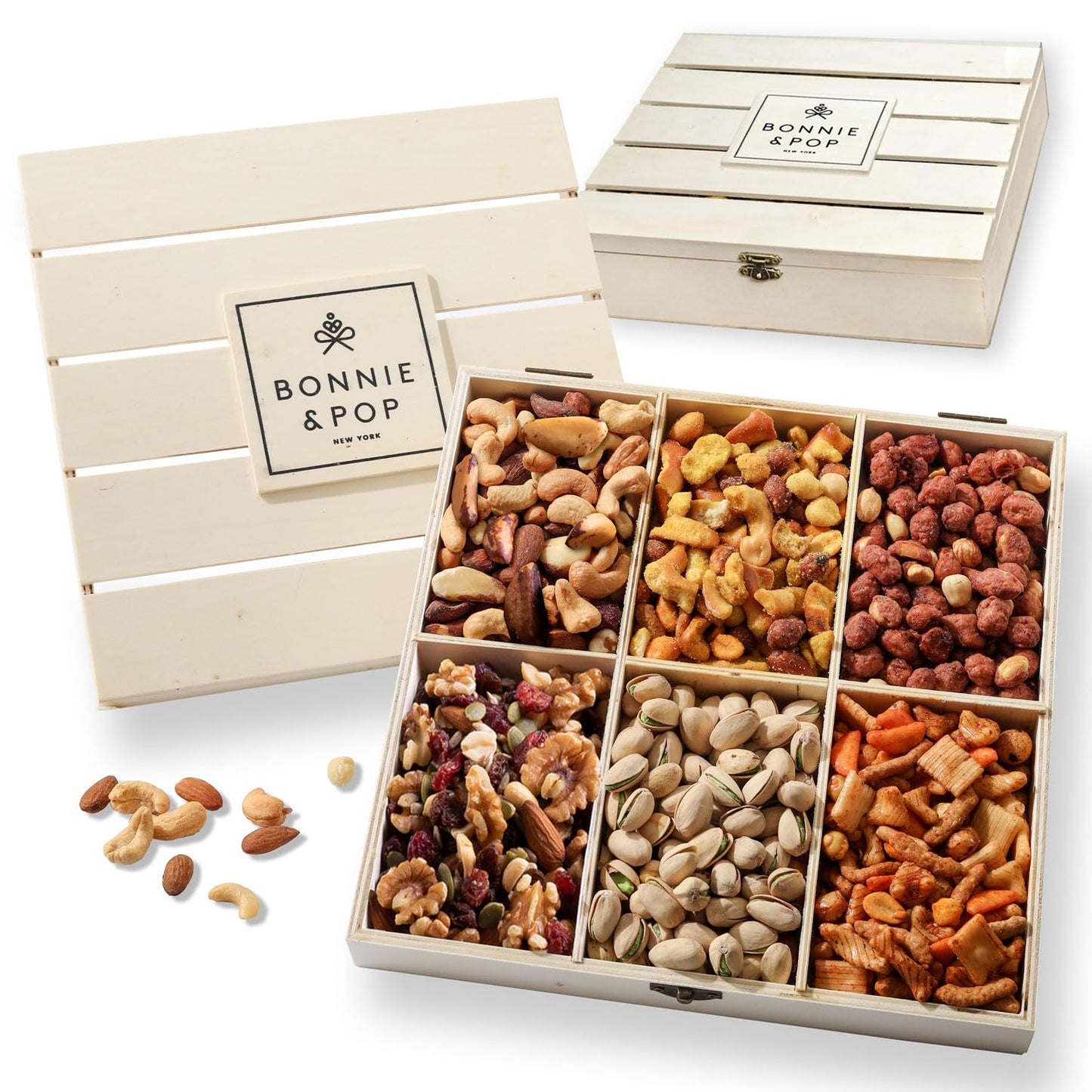 Nut Gift Basket, in Reusable Wooden Crate, Healthy Fathers Day Gift Option, Gourmet Snack Food Box, with Unique Flavors, Great for Feel Better, Sympathy & Birthday- Bonnie & Pop