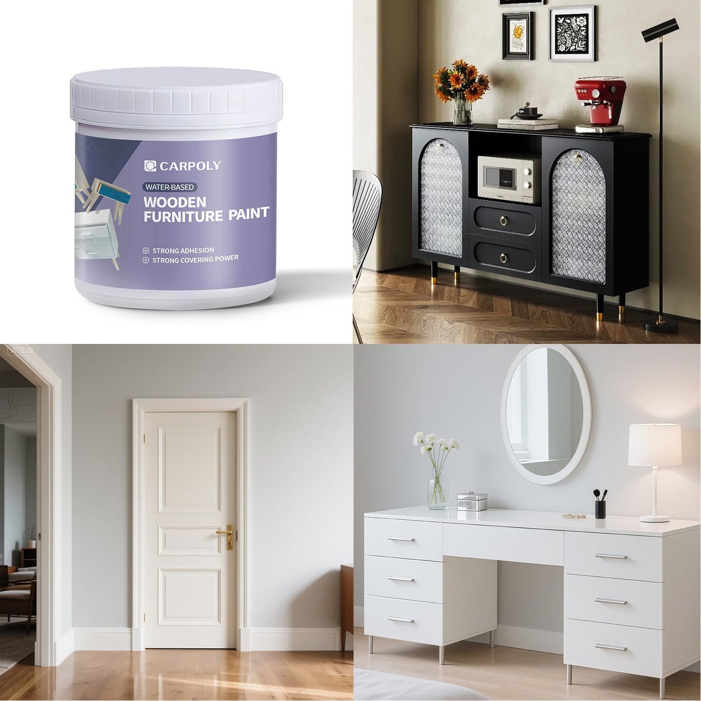 CARPOLY Furniture Paint Kit 16oz with Tools - Water-based & Low Odor All-in-One No Sanding - Matte Finish Indoor Outdoor Wood Paint for Cabinets, Doors, Tables and Dressers - White