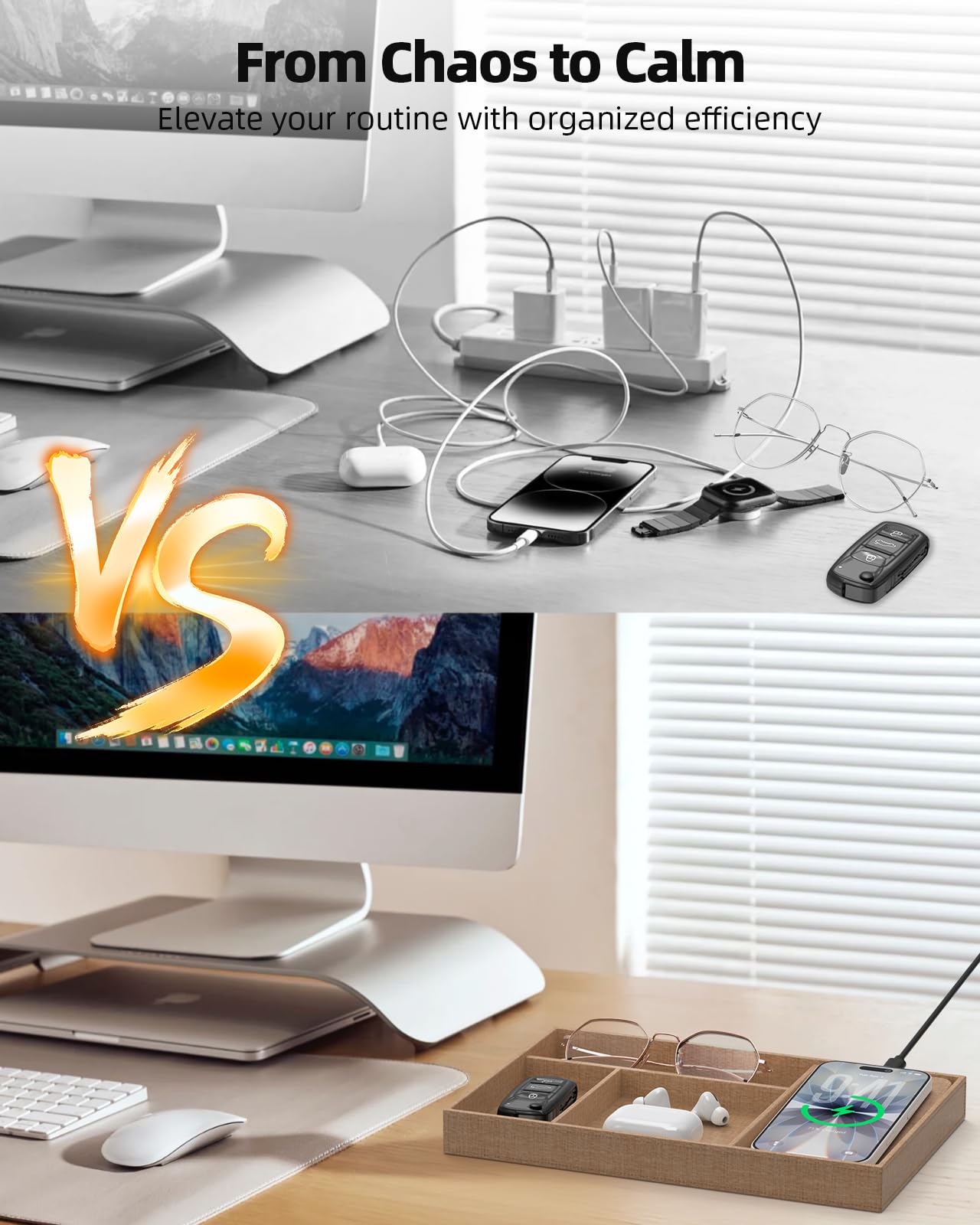 Valet Tray with Wireless Charger, Nightstand Organizer & Catchall Tray for Phone, Keys, Glasses and Accessories, Premium Linen, Stylish Desk & Bedside Storage Station