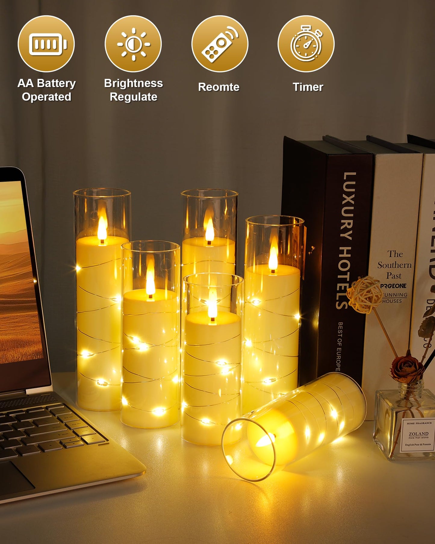 Enido 10 Pc Flameless LED Candles with Remote & Timer, Battery Operated Acrylic Pillar Set, Flickering Electric Lights with Embedded Star String for Cozy Home & Holiday Romantic Decor (Matte Clear)
