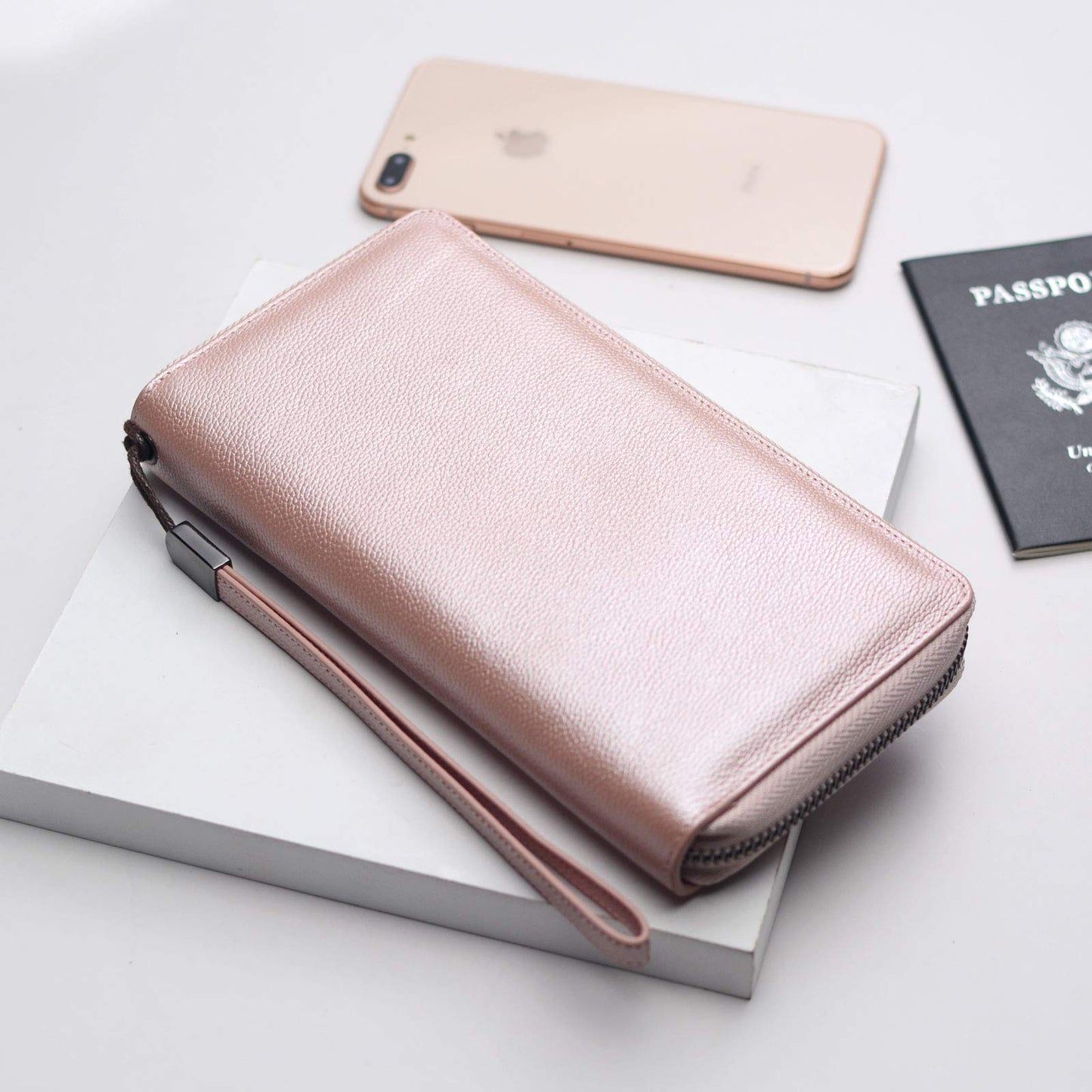 Bveyzi Women RFID Blocking Wallet Leather Zip Around Phone Clutch Large Capacity Ladies Travel Purse Wristlet (Rose Gold)