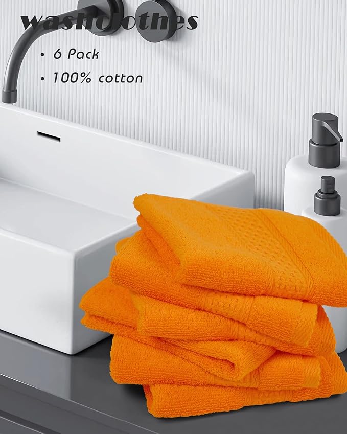 Cleanbear Washcloths Orange Face Cloths Set of 6 Large All Cotton Bathroom Wash