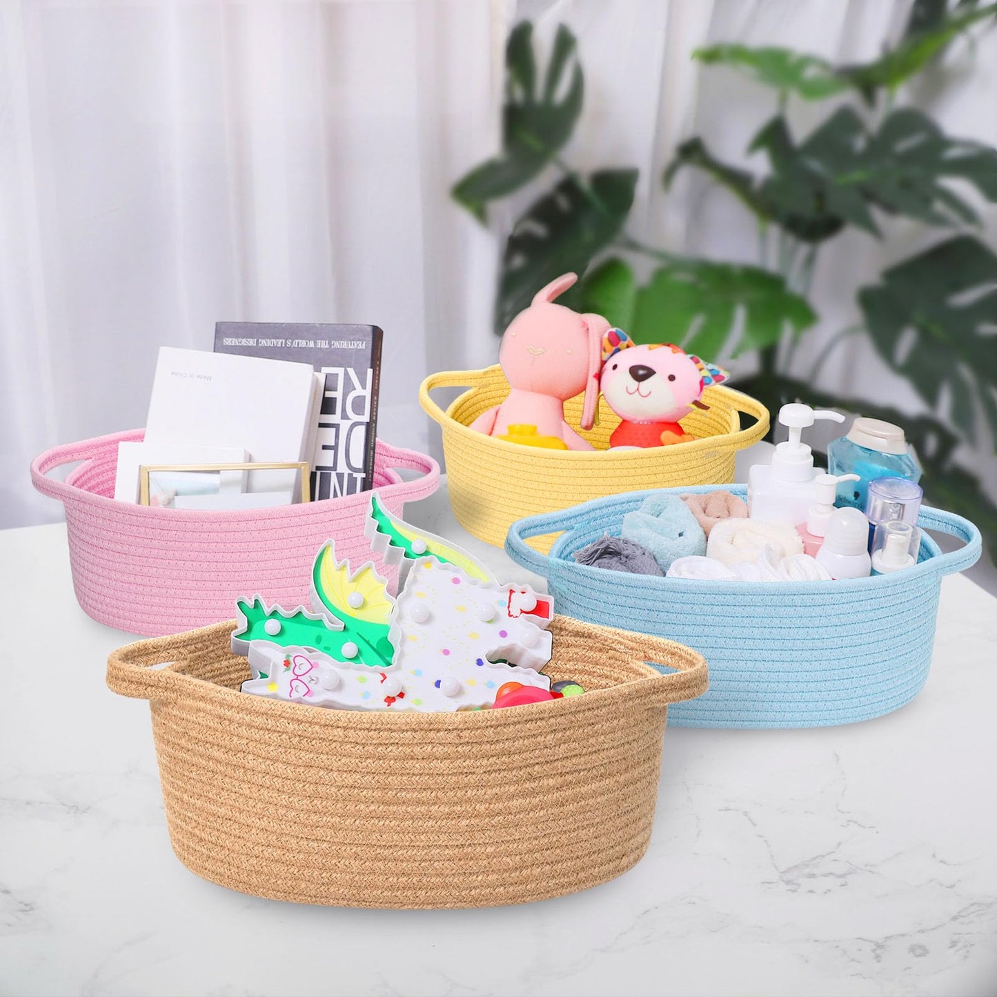 ABenkle Small Basket with Handles, Boho Decorative Rope Woven Dog Cat Toy Storage Bin Shelf Storage Organizer, Easter Christmas Gift Basket, 12"x8"x5"