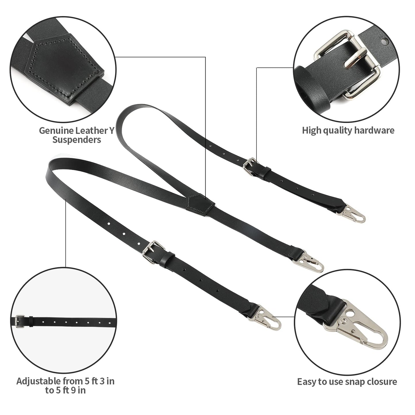 Ringsun Genuine Leather Suspenders for Men, Y Design Hidden Suspenders Under Clothes with 3 Snap Loop, Adjustable Accessories for Men Wedding & Party Essentials, Black