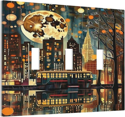 City Light Moon Bus Abstract Art Light Switch Covers 3 Gang Triple Toggle Wall Plate Decorative Switchplate Electrical Faceplate for Farmhouse Living Decor