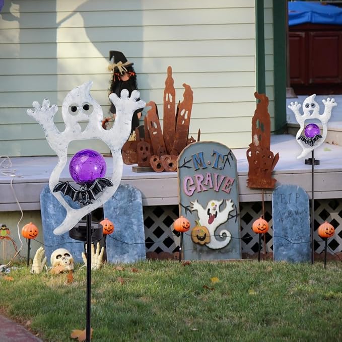 Viveta Solar Halloween Lights, 2 Pack Ghost Solar Lights Outdoor with Color Changing Crackle Glass Ball for Halloween Decorations Outdoor Garden Yard