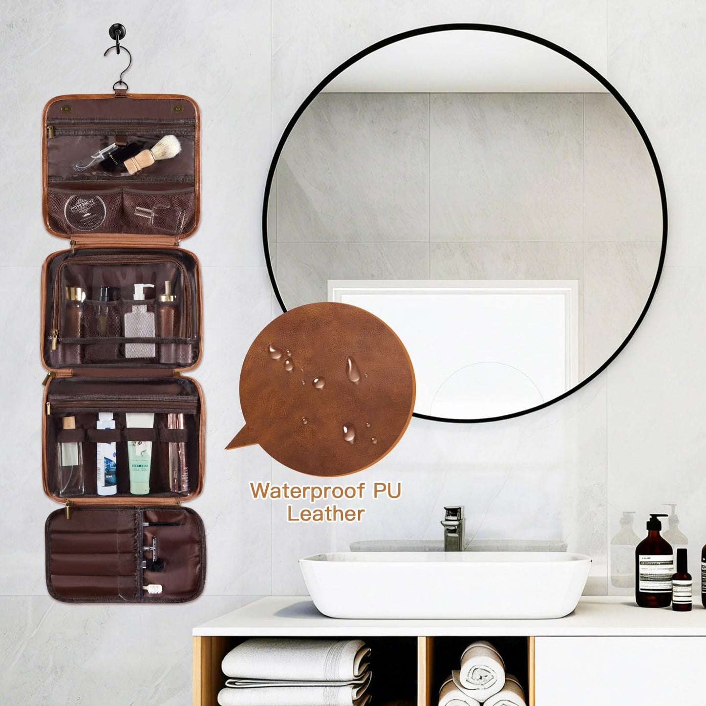 Aganmi Personalized Hanging Toiletry Bag Travel Gifts for Men Him, 3-in-1 Large Laser-Engraved Initial Waterproof PU Leather Shaving Bag Valentines Birthday Gift for Men Dad Husband Light Brown M