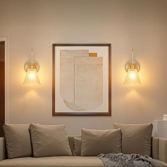 Wall Sconce Set of 2, Gold Vintage Light Fixtures with Long Amber Glass Lampshade, Hardwired Sconces Wall Lighting for Bedroom, Bathroom, Living Room | Includes 2 LED Bulbs