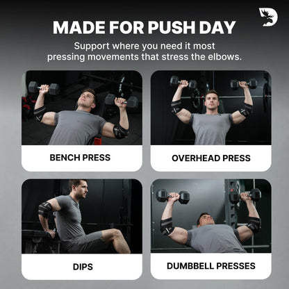DMoose Fitness Elbow Wraps for Weightlifting (Pair) - 40'' Adjustable Elbow Strap for Gym Workout & Bench Press, Compression Elbow Wraps for Tendonitis & Joint Support, Elbow Sleeve (White Stripes)