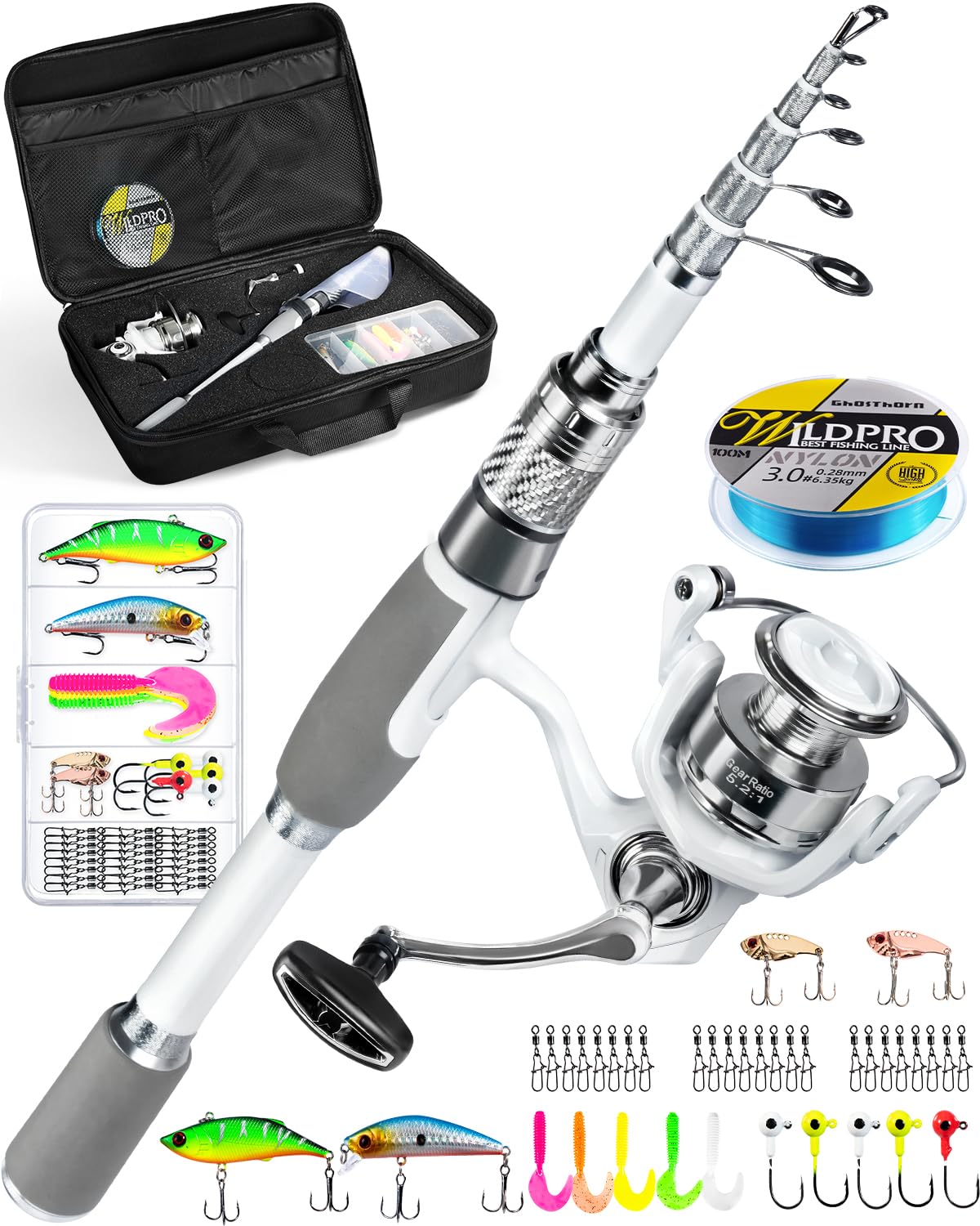 Ghosthorn Fishing Rod and Reel Combo Carbon Fiber Telescopic Fishing Pole Carrier Bag Portable Kit Saltwater Freshwater(Fishing Rod&Reel Combo with Bag, 2.1m 7ft)