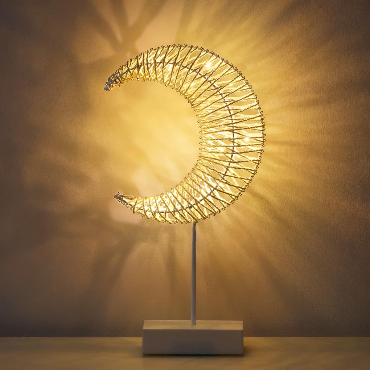 Lewondr Ramadan Decorations Moon Table Lamp, Moon Shape Rattan Ramadan Desk Lamp Battery Powered Light, Winding Thread LED Crescent Light for Home Bedroom Bedside Desktop Eid Mubarak Decorations