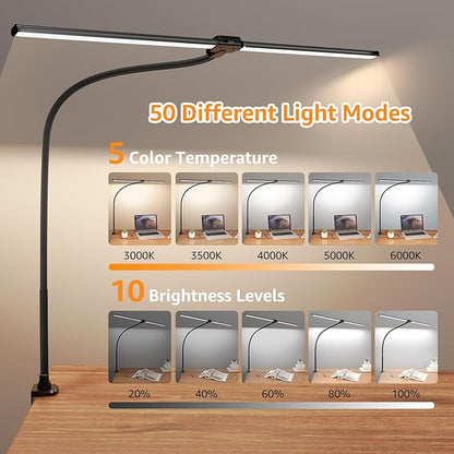 ShineTech Led Desk Lamp for Office Home, Bright Double Head Desk Light with Clamp, Architect Task Lamp 50 Lighting Modes Adjustable Flexible Gooseneck Lamp