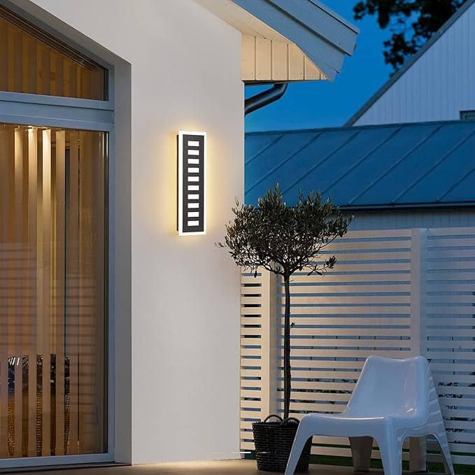 Outdoor Wall Light LED 18W Long 11.8in - Black Metal Waterproof Modern Exterior Lighting Fixture,3-Color Changeable,Frosted Acrylic Porch Sconce,for Patio,Garage,Courtyard