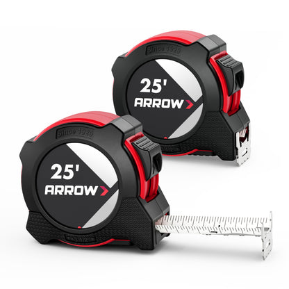 Arrow 25FT Tape Measure, 2PCS Easy Read Measuring Tape with Dual Locking System, Double Sided Measurement Tape with 1.25″ Blade, Belt Clip, Dual-End Metal Hook, and Rubber Protective Casing