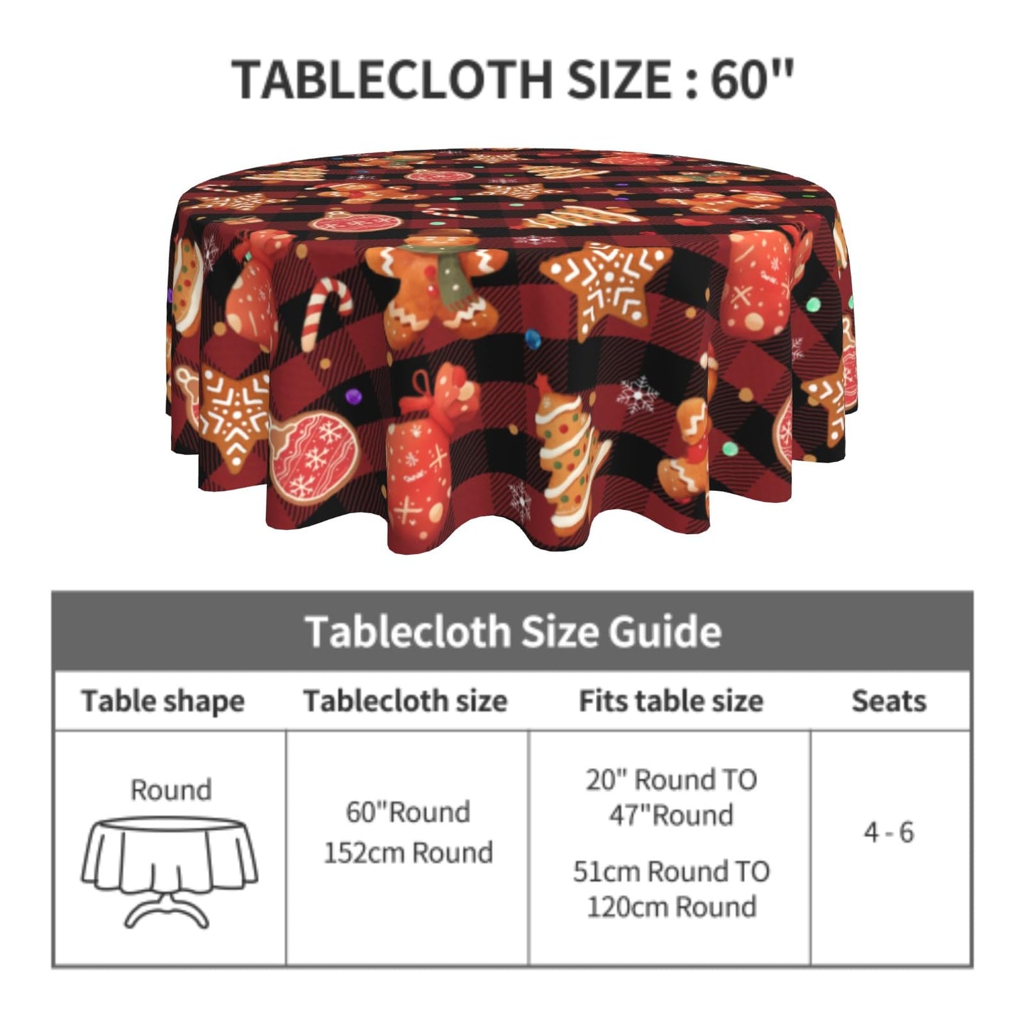 Giwawa Gingerbread Man Round Tablecloth for Kitchen Dining, 60Inch Christmas Cookies Balls Buffalo Plaids Table Cover, Winter Snowflakes Xmas Trees Table Cloth Washable for Holiday Party Decor