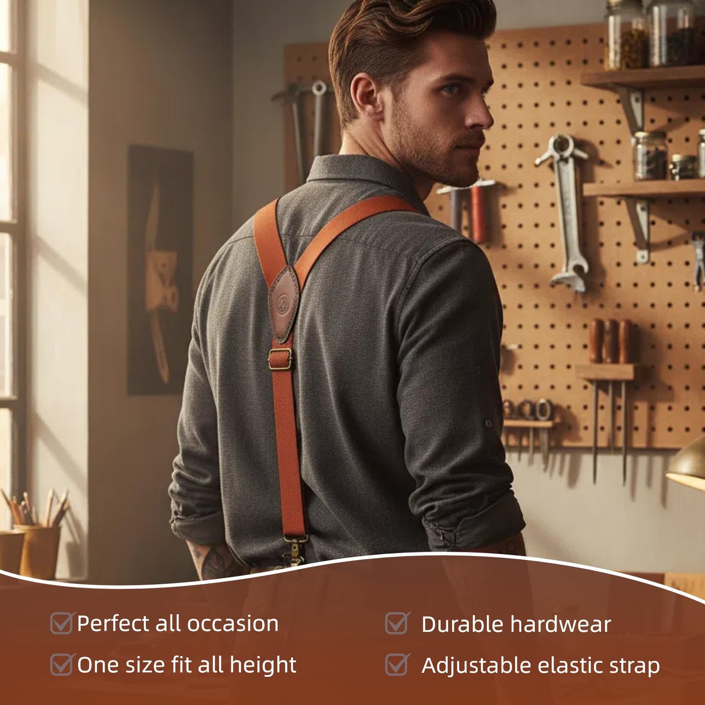 Tourbon Men's Y Back Suspenders - 1.4 Inch Elastic Adjustable Straps with 3 Metal Snap Hooks, Heavy Duty Western Braces for Jeans, Pants & Formal Wear