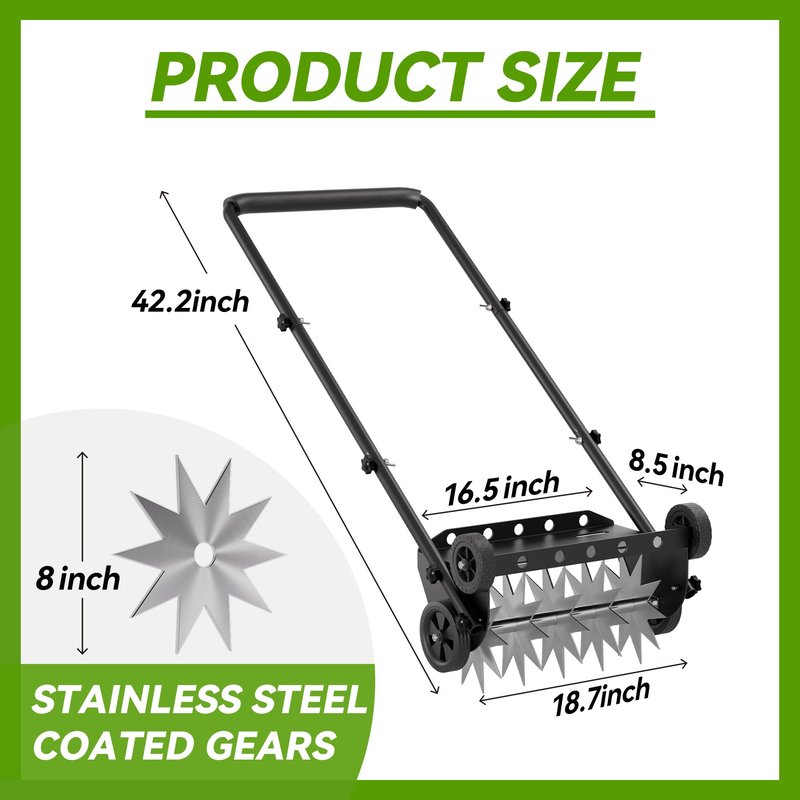 Lineware 18-Inch Lawn Aerator,Heavy Duty Push Spike Aerator with 4 Wheels,Aerator Lawn Tool with Steel Handle, Manual Aerator Lawn Tool with Foam Armrests, Suitable for Lawn, Garden and Yard