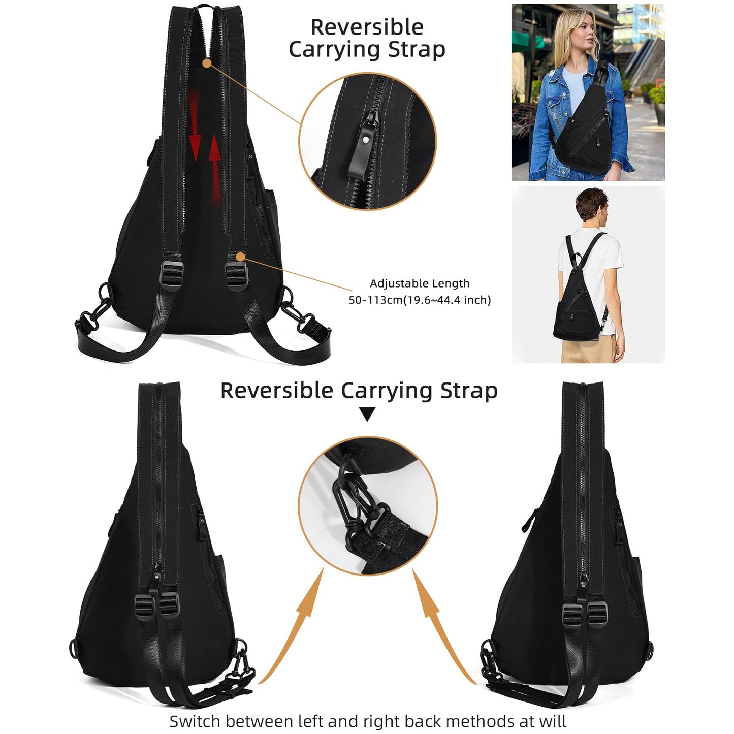 KL928 Crossbody Sling Backpack Nylon Cross Body Bag Travel Hiking Shoulder Bags Daypack Rucksack Unisex (Black)