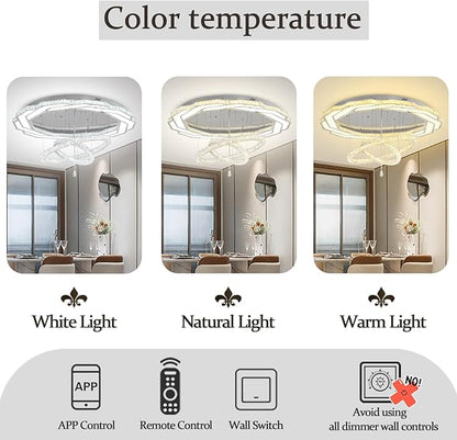 Flashing God Extra Large Chandelier Dia 55" Chrome Chandeliers Flush Mount Chandelier for Living Room Bedroom Dining Room Hallway Dimmable 3 Rings Chandeliers