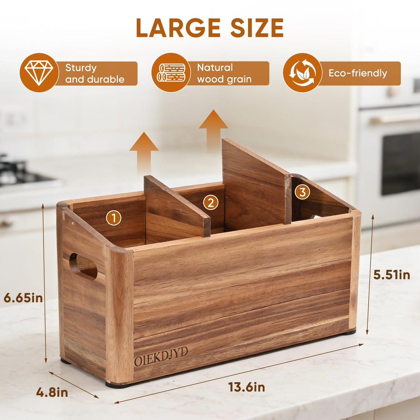 OIEKDJYD Wooden Utensil Holder for Kitchen Counter - Large Utensil Organizer with 3 Compartment, Cooking Tool Crock & Farmhouse Kitchen Accessories