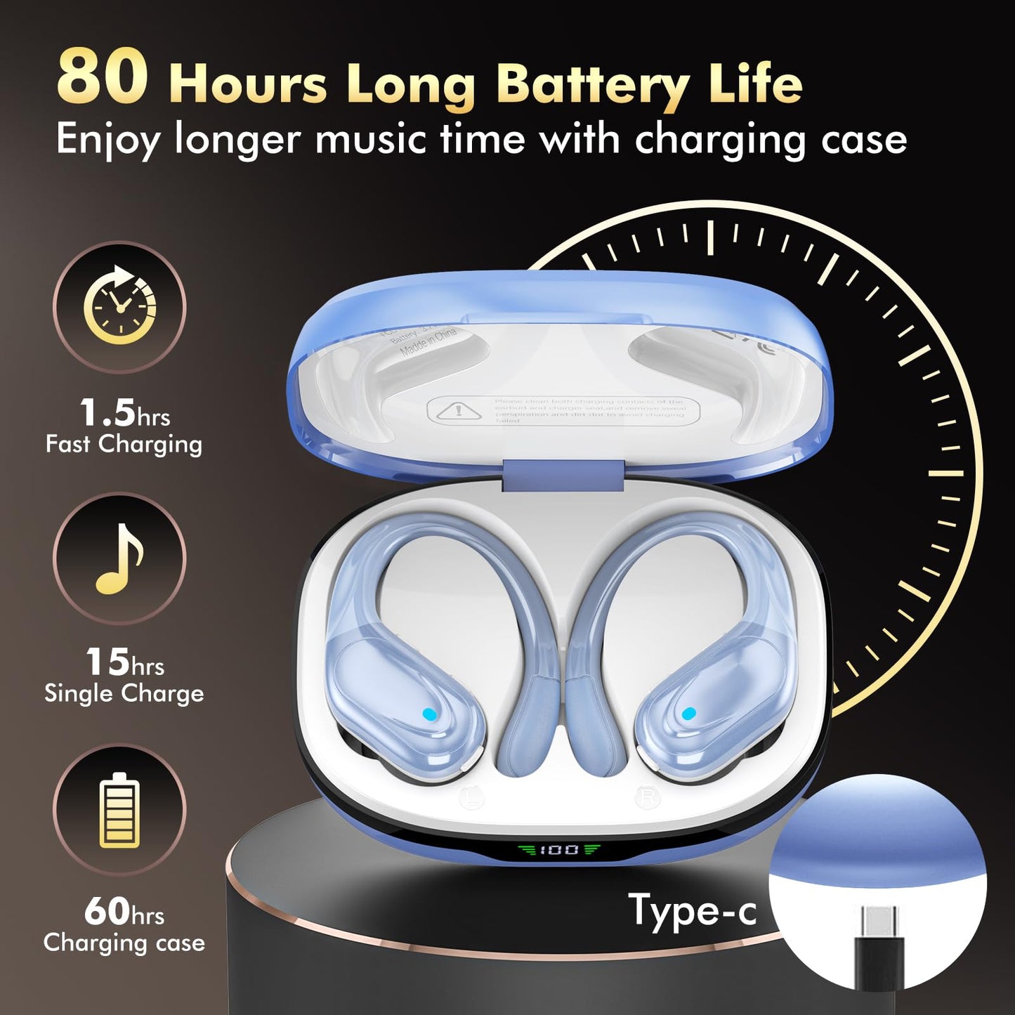 HAOYUYAN Wireless Earbuds, Bluetooth Headphones, Ear Buds with 80hr Playtime, LED Power Display, Noise Canceling, LED Power Display, IPX7 Waterproof Earphones for Gym/Workout/Sport（Blue）