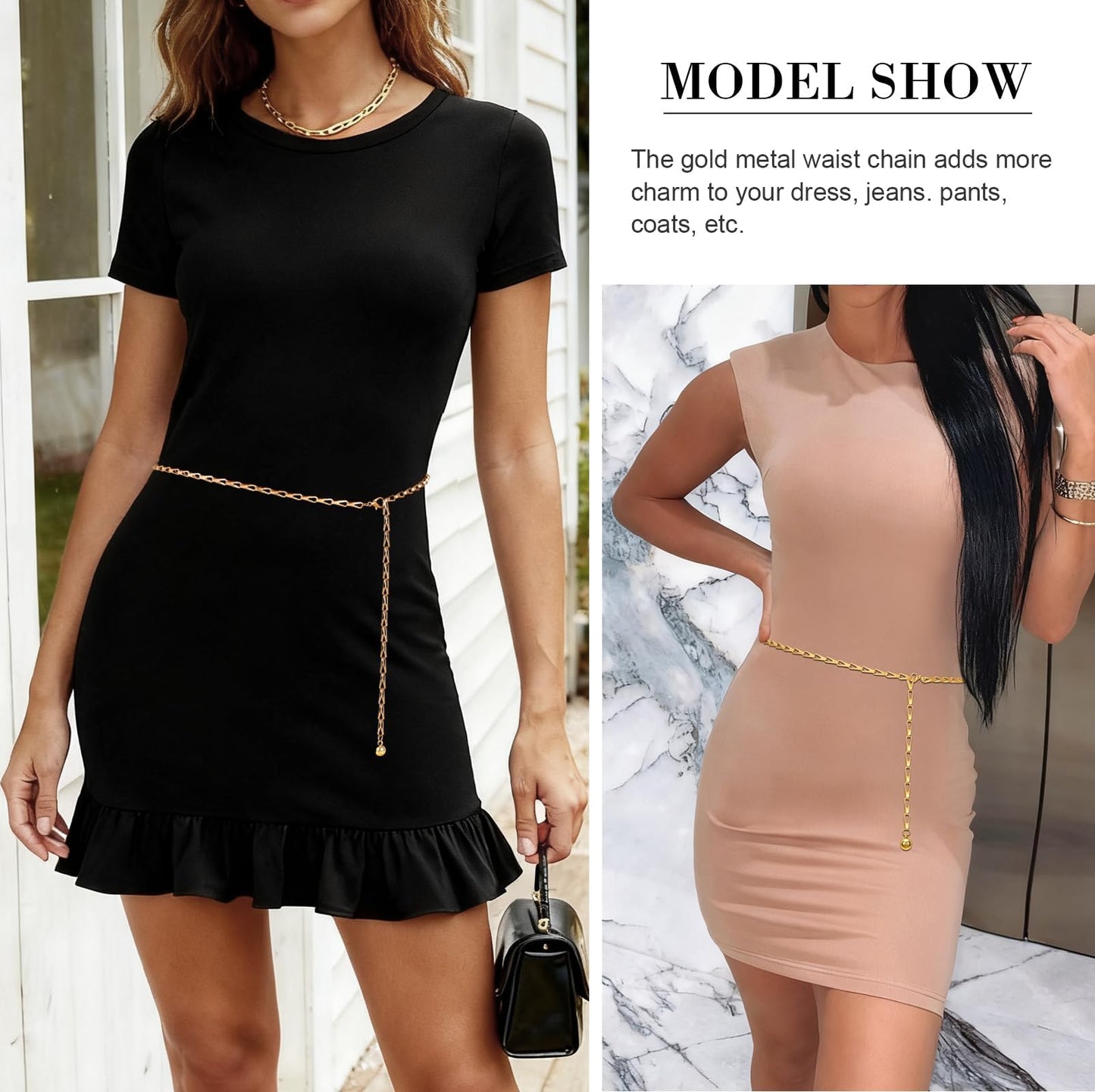 WHIPPY O-Ring Metal Waist Chain Belt Women Fashion Adjustable Body Link Belts for Jeans Dresses, Gold Link M
