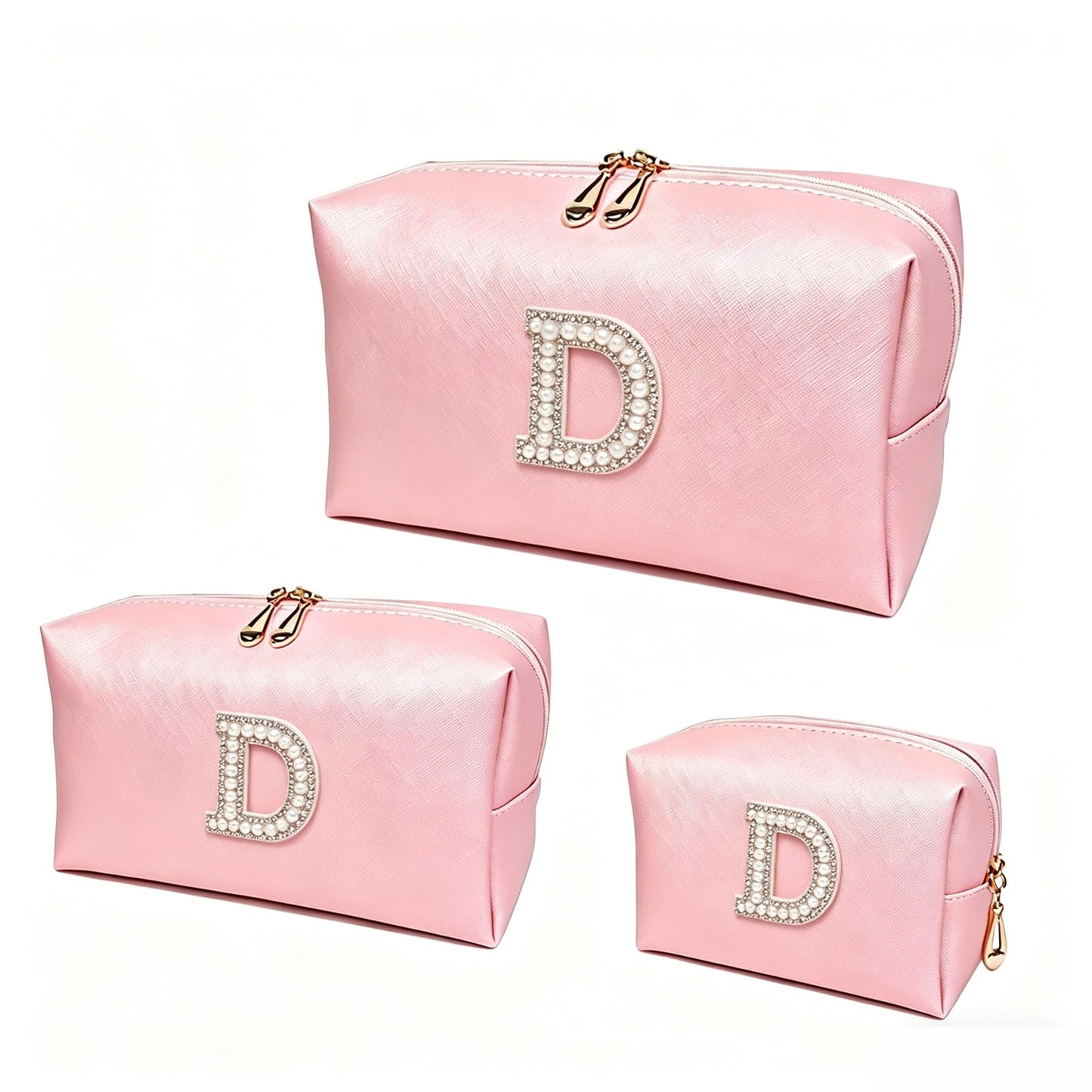 VENCELIN Initial G Pearl Makeup Bag 3Piece, PU Leather Travel Toiletry Pouch, Large Medium Small Portable Organizer for Business Trip Teen Girls