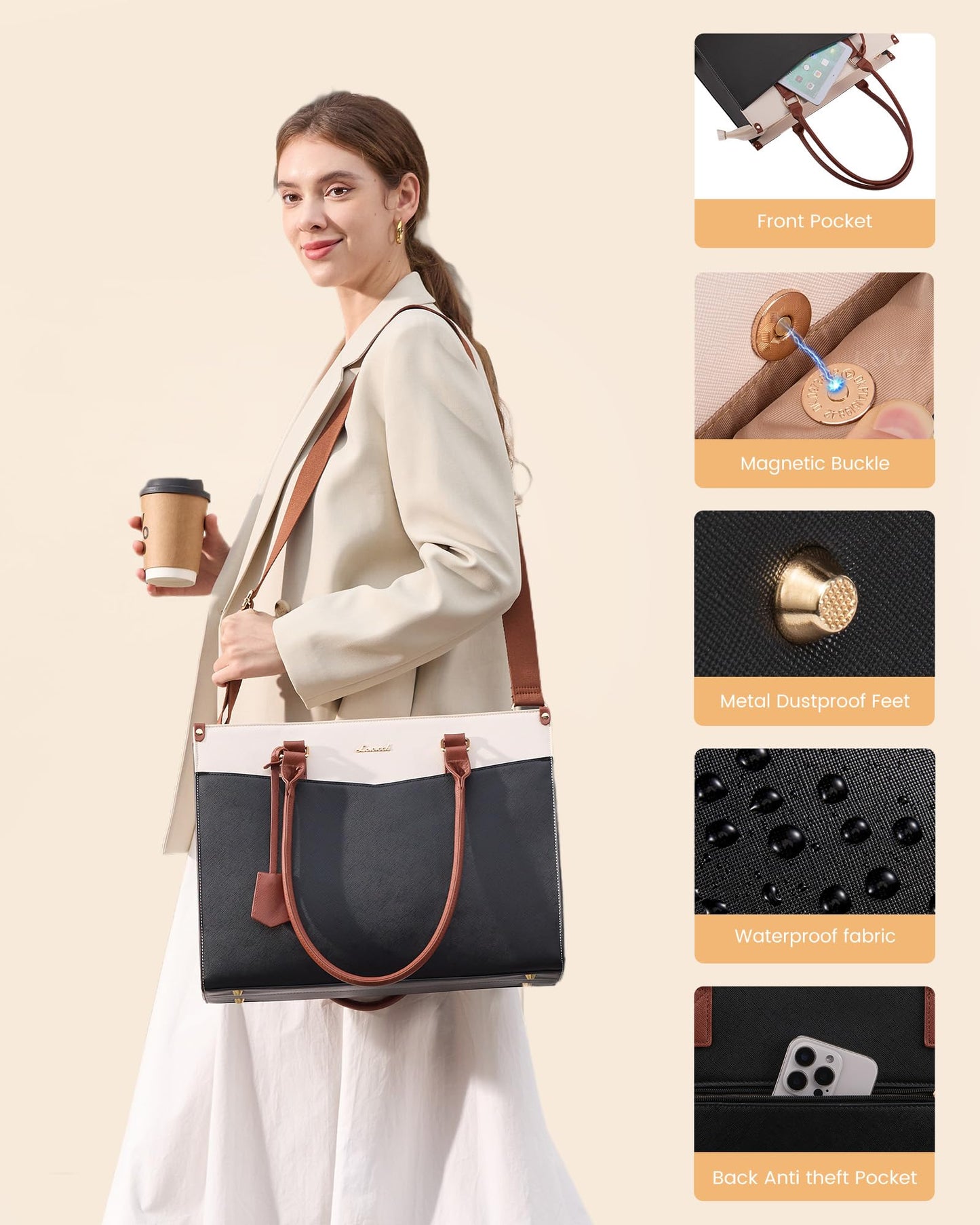 LOVEVOOK Laptop Bag for Women 15.6 Inch, Waterproof Leather Tote Purse with Cup Holder & Elegant Clutch, Multi Pocket Large Capacity Work Briefcase for Office Travel, Black-Beige-Brown