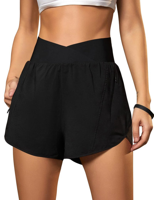 Blooming Jelly Women's Workout Shorts Athletic Running Crossover High Waisted Gym Sport Yoga Shorts with Zipper Pockets (Dark Blue with Pink,Small)