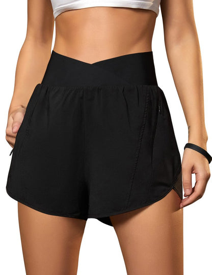 Blooming Jelly Women's Workout Shorts Athletic Running Crossover High Waisted Gym Sport Yoga Shorts with Zipper Pockets (Black,Small)